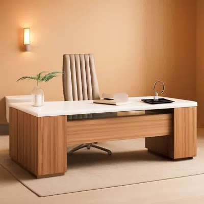 Shipitfurniture 85 Point 8 Inch L-shaped Executive Desk White Walnut Storage Cabinet