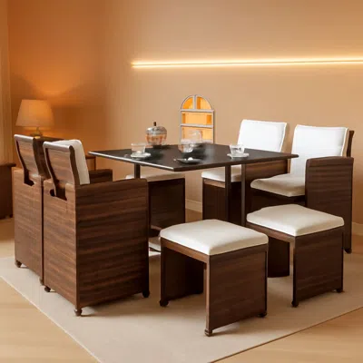 Shipitfurniture 9 Piece Outdoor Patio Dining Set Rattan Chairs With Glass Table Beige Cushioned
