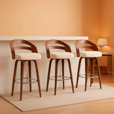 Shipitfurniture Bar Stools Set Of 3 Swivel 30 Inch Beige Faux Leather