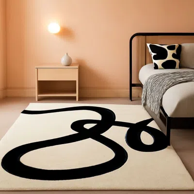 Shipitfurniture Beige Black Abstract Area Rug 8 By 10 Modern Curved Line In Neutral