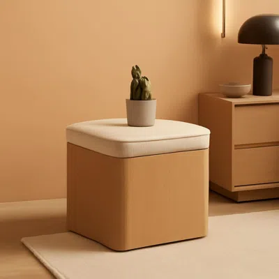 Shipitfurniture Beige Linen Upholstered Storage Ottoman With Footrest
