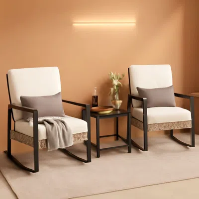 Shipitfurniture Beige Patio Rocking Chairs Set With Glass Coffee Table