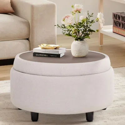 Shipitfurniture Beige Polyester Circular Storage Ottoman With Tray