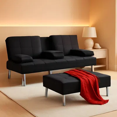 Shipitfurniture Black Linen Folding Futon Recliner With Cupholders