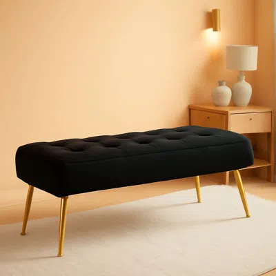 Shipitfurniture Black Velvet Upholstered Ottoman Bench Golden Legs
