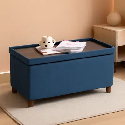 Shipitfurniture Blue Linen 30-inch Storage Ottoman Bench Removable Lid