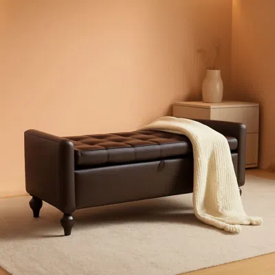Shipitfurniture Brown Genuine Leather Storage Ottoman Bench Bedside