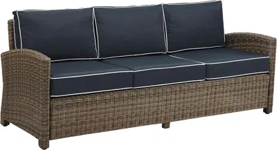 Shipitfurniture Brown Wicker Outdoor Sofa With Navy Cushions For Comfort