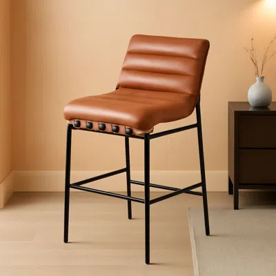Shipitfurniture Burke Collection Modern Cognac Vegan Leather Bar Stool Matte Black Frame