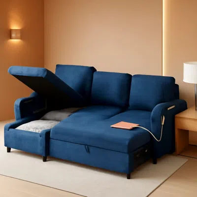 Shipitfurniture Cerulean Linen Convertible Sleeper Sofa With Pullout In Blue