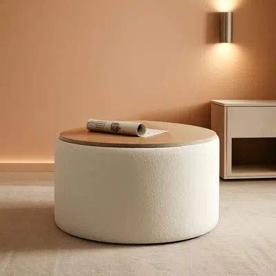 Shipitfurniture Circular Storage Ottoman With Wooden Lid Upholstered