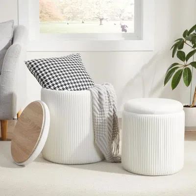 Shipitfurniture Compact Round Velvet Storage Ottoman Twopack White