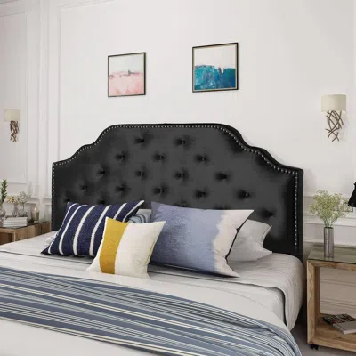 Shipitfurniture Contemporary Black Velvet Headboard With Button Tufted Design