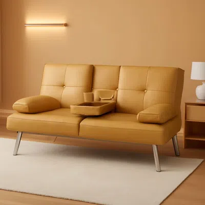 Shipitfurniture Convertible Futon Sofa Bed In Faux Leather Camel Yellow With Removable Armrests