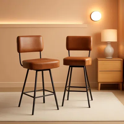 Shipitfurniture Counter Height Bar Stools Set Of 2 26 Inch Brown Pu Leather
