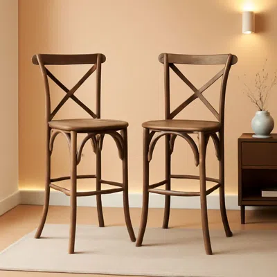 Shipitfurniture Dark Antique Wood Cross Back Barstools Set Of Two
