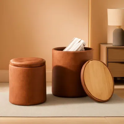 Shipitfurniture Dark Brown Faux Leather Round Storage Ottoman