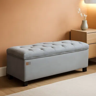 Shipitfurniture Dove Grey Velvet Storage Ottoman Bench 43 Inches Length
