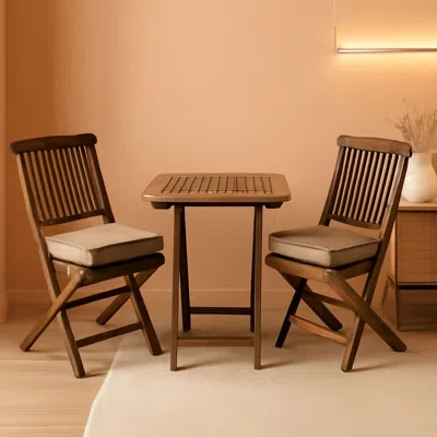 Shipitfurniture Eucalyptus Wood 3 Piece Foldable Bistro Set Beige Cushions