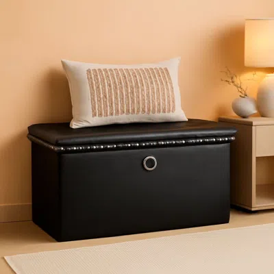 Shipitfurniture Faux Leather Folding Storage Ottoman 30 Inch Size Black