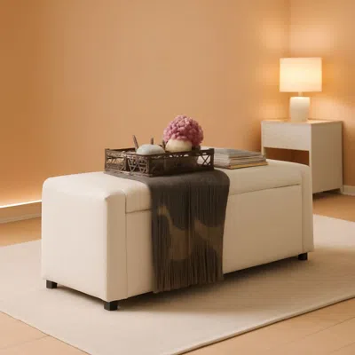 Shipitfurniture Fifty Inch Upholstered Storage Ottoman Bench Beige