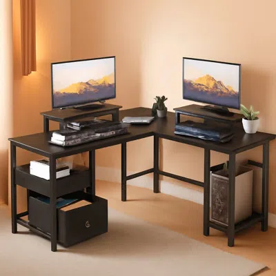 Shipitfurniture Fifty Nine Inch L Shaped Desk With Black Storage Drawers Unit In Multi