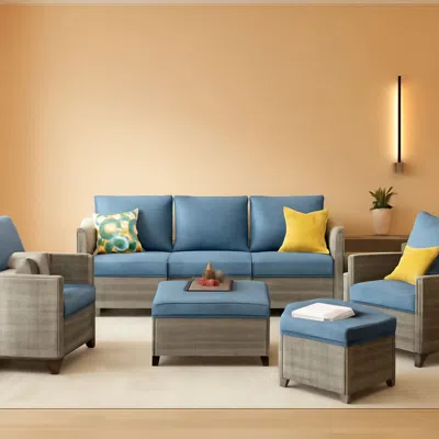Shipitfurniture Five Piece Patio Outdoor Wicker Furniture Set Denim Blue