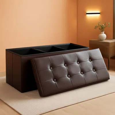 Shipitfurniture Forty Three Inches Folding Storage Ottoman Bench Brown Leather