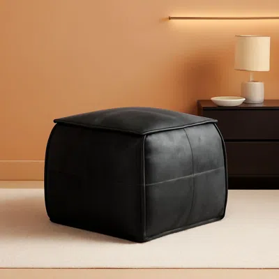 Shipitfurniture Genuine Full Grain Leather Ottoman Memory Foam Pouf Black