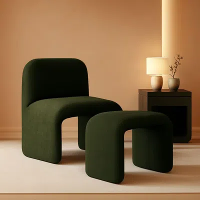 Shipitfurniture Green Chenille Upholstered Accent Chair With Ottoman