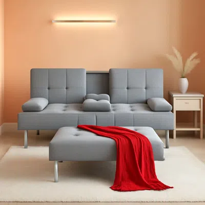 Shipitfurniture Grey Linen Modern Folding Futon Sofa Bed With Armrests