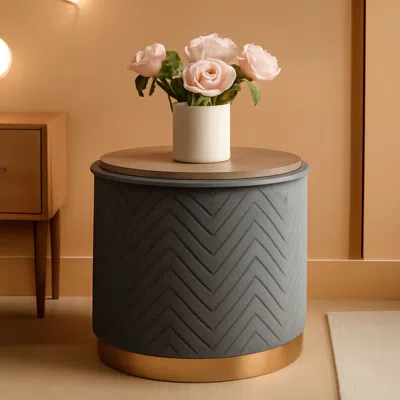 Shipitfurniture Grey Velvet Circular Storage Ottoman Golden Accents
