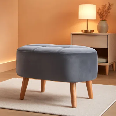 Shipitfurniture Greyish Velvety Upholstered Wood Ottoman Mid Century