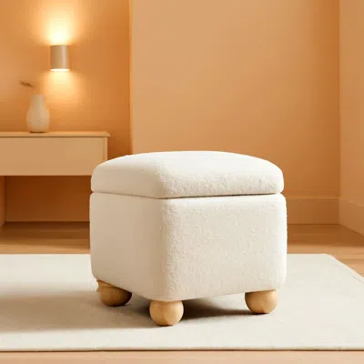 Shipitfurniture Ivory Luxurious Storage Boucle Ottoman Wooden Legs