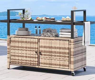 Shipitfurniture Large Outdoor Kitchen Rolling Cart With Black Glass Top