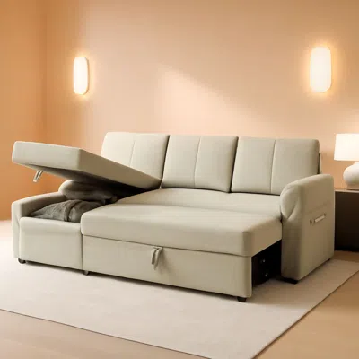 Shipitfurniture Linen Beige Multifunctional Sleeper Sofa With Storage In Neutral