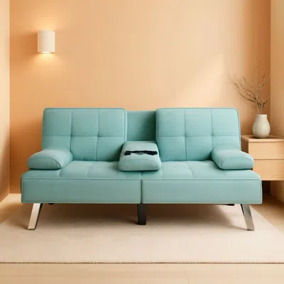 Shipitfurniture Linen Folding Futon Sofa Bed Aqua With Removable Armrests