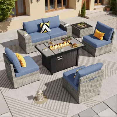 Shipitfurniture Modular Outdoor Wicker Sofa Set With Fire Pit Table