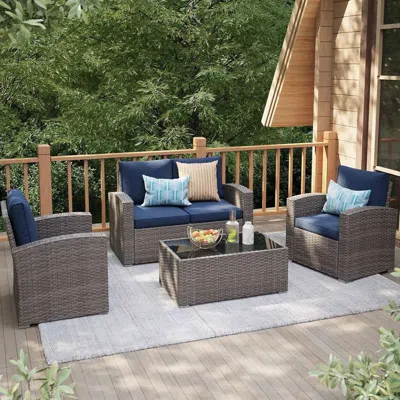 Shipitfurniture Navy Blue Outdoor Rattan Patio Furniture Set For Gatherings
