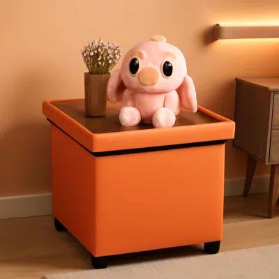 Shipitfurniture Orange Faux Leather Storage Ottoman With Wooden Tray