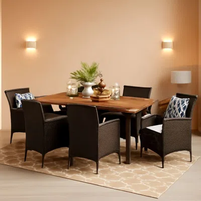 Shipitfurniture Outdoor 7 Piece Acacia Wood Wicker Dining Set Teak Finish