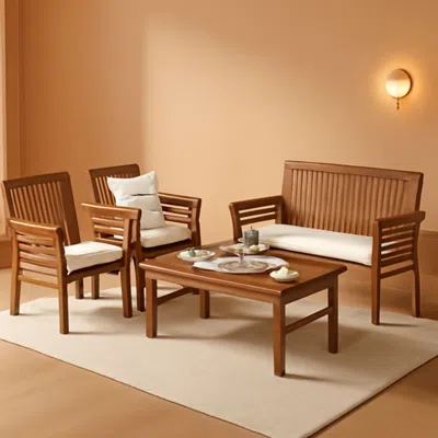 Shipitfurniture Outdoor Acacia Wood 4 Piece Sofa Set With Water Resistant Cushions Coffee Table
