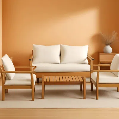 Shipitfurniture Outdoor Acacia Wood 4-piece Chat Set Teak Finish Cushions