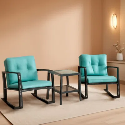 Shipitfurniture Outdoor Rattan Rockers Set With Glass Table Blue Cushions