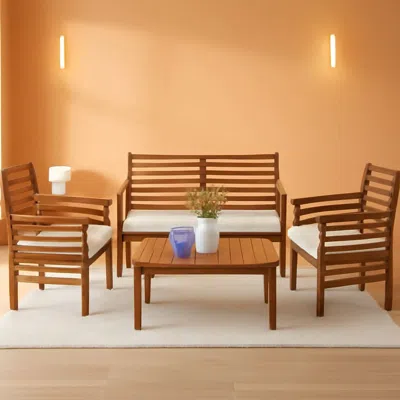 Shipitfurniture Outdoor Wood Sofa Set Natural Acacia With Thick Cushions