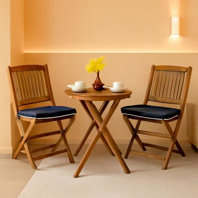 Shipitfurniture Patio Bistro Set With Wood Table And Navy Cushioned Chairs