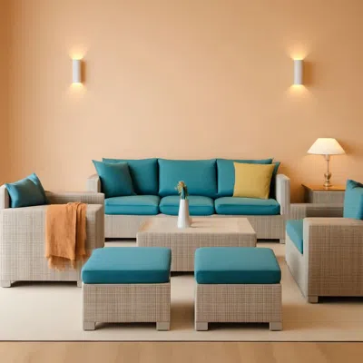 Shipitfurniture Patio Furniture Set 6 Piece Outdoor Grey Wicker With Peacock Blue Cushions