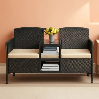 Shipitfurniture Patio Loveseat Outdoor Wicker Conversation Set With Built In Coffee Table Beige