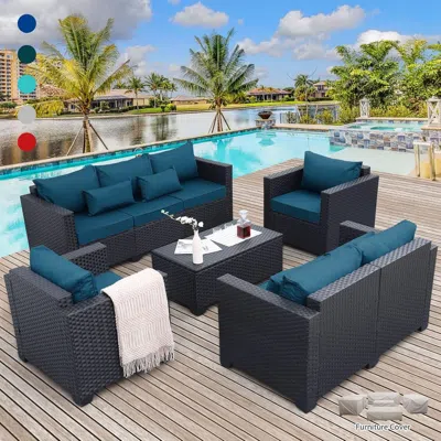 Shipitfurniture Peacock Blue 5 Piece Patio Furniture Set With Anti Slip Cushions And Covers