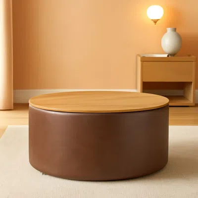 Shipitfurniture Polyester Upholstered Brown Wood Top Storage Ottoman